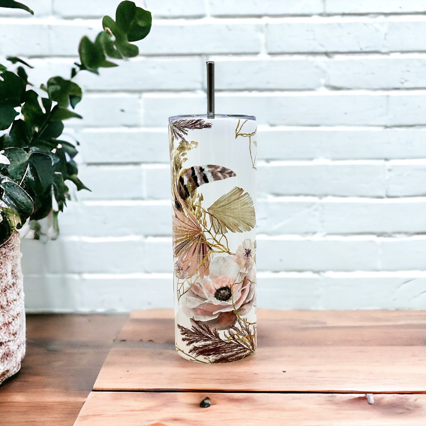 20oz Pink Floral Tumbler with Lid and Straw - Insulated Stainless Steel