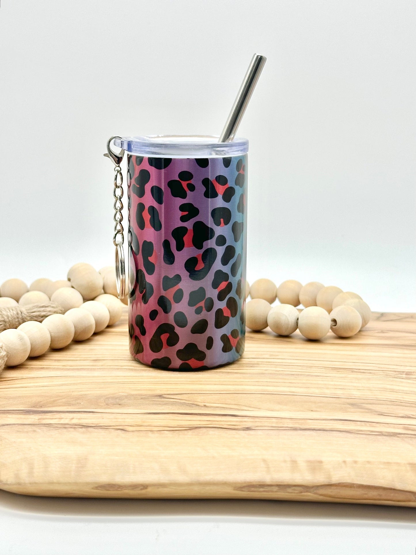 3oz Rainbow Leopard Shot Glass Keychain - Insulated Stainless Steel Mini Tumbler
