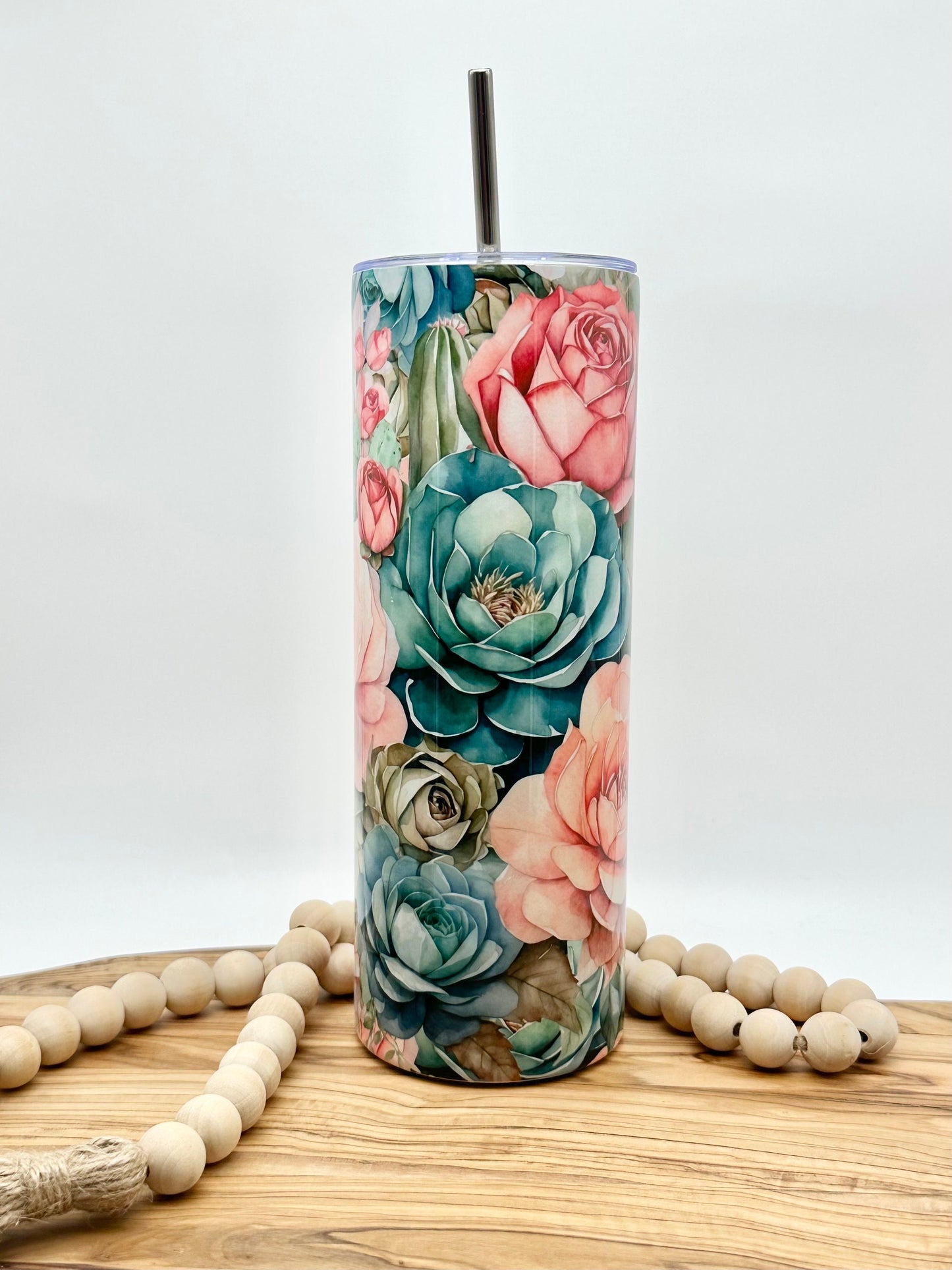 20oz Skinny Floral Cactus Tumbler - Insulated Stainless Steel Cup with Lid and Straw
