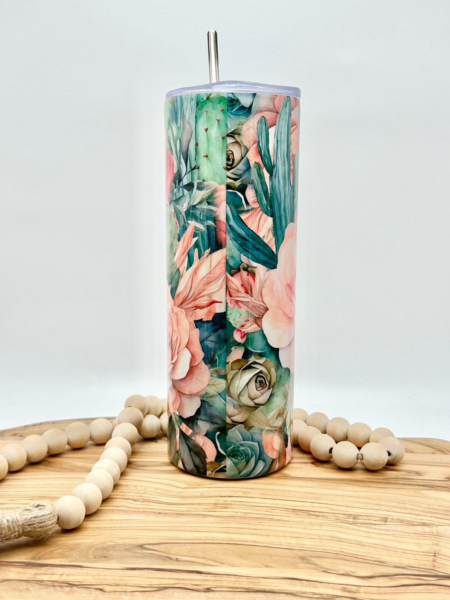 20oz Skinny Floral Cactus Tumbler - Insulated Stainless Steel Cup with Lid and Straw