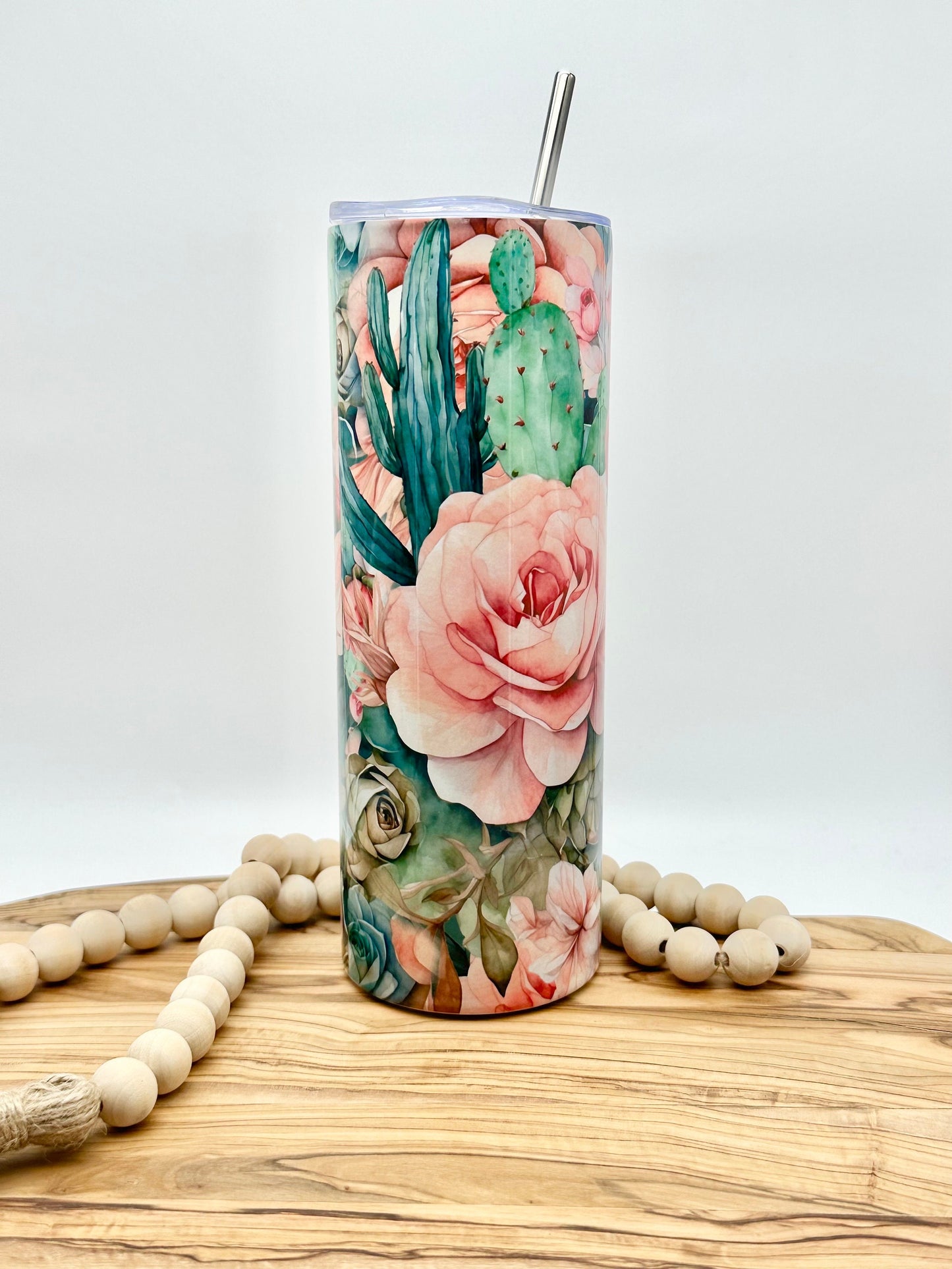 20oz Skinny Floral Cactus Tumbler - Insulated Stainless Steel Cup with Lid and Straw