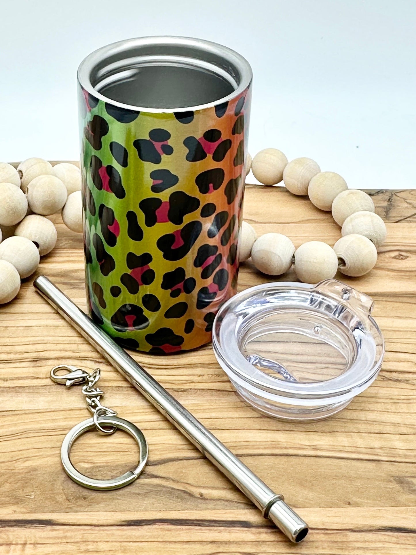 3oz Rainbow Leopard Shot Glass Keychain - Insulated Stainless Steel Mini Tumbler