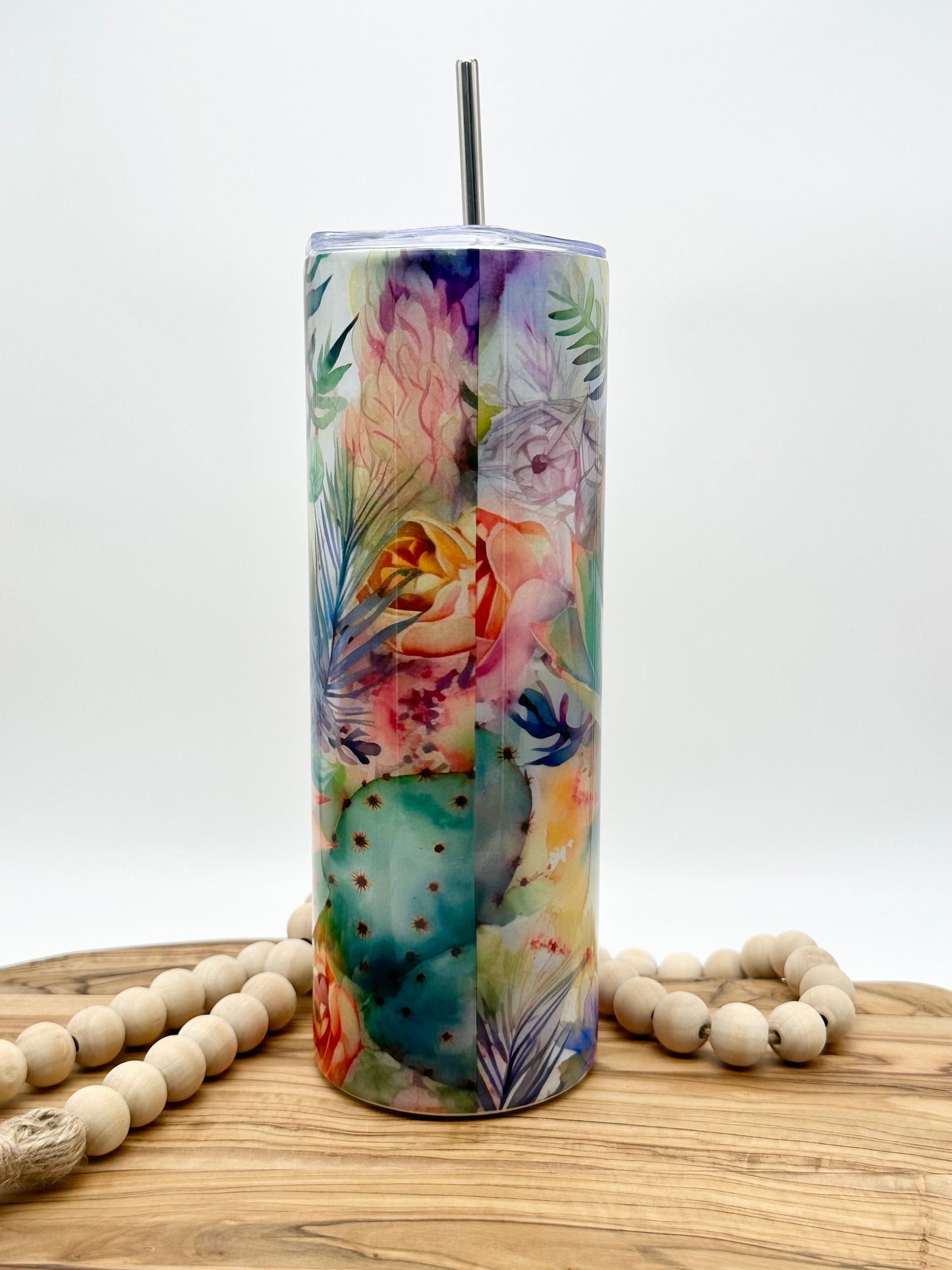 20oz Skinny Floral Cactus Tumbler - Insulated Stainless Steel Tumbler with Lid and Straw