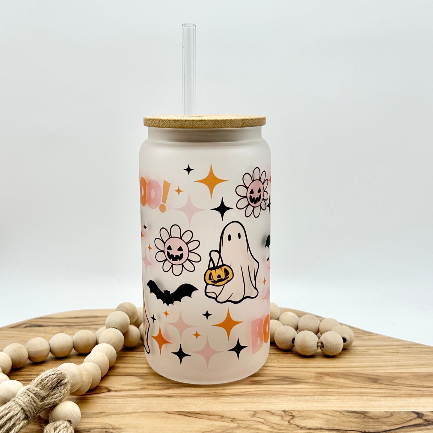 Halloween Iced Coffe Cup - 16oz Frosted Glass Tumbler with Lid and Straw