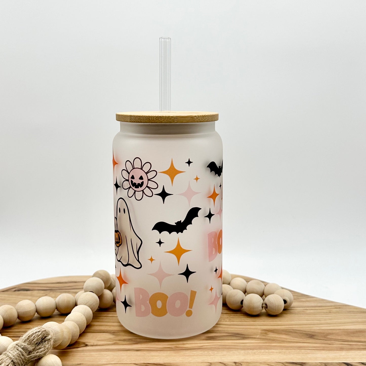 Halloween Iced Coffe Cup - 16oz Frosted Glass Tumbler with Lid and Straw