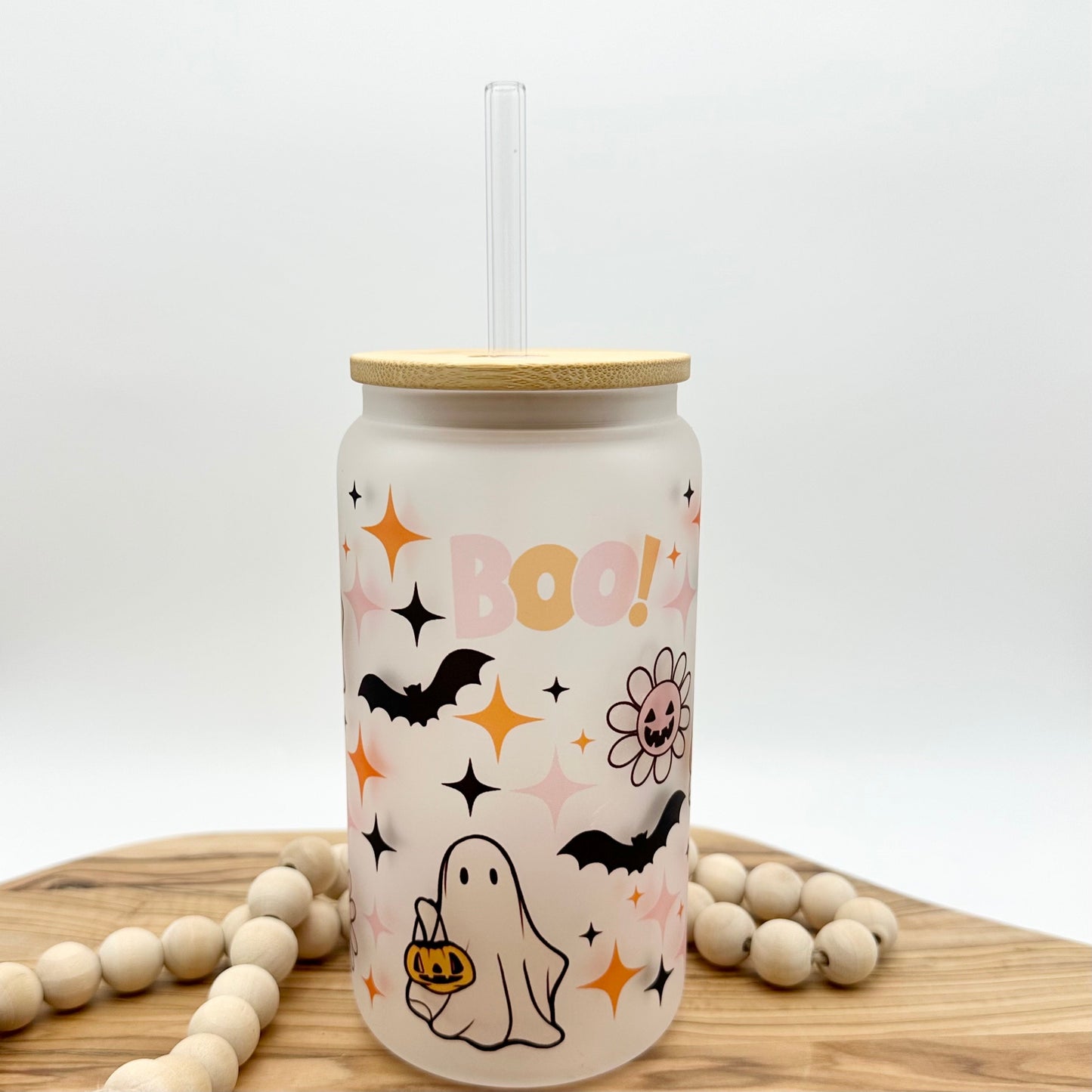 Halloween Iced Coffe Cup - 16oz Frosted Glass Tumbler with Lid and Straw