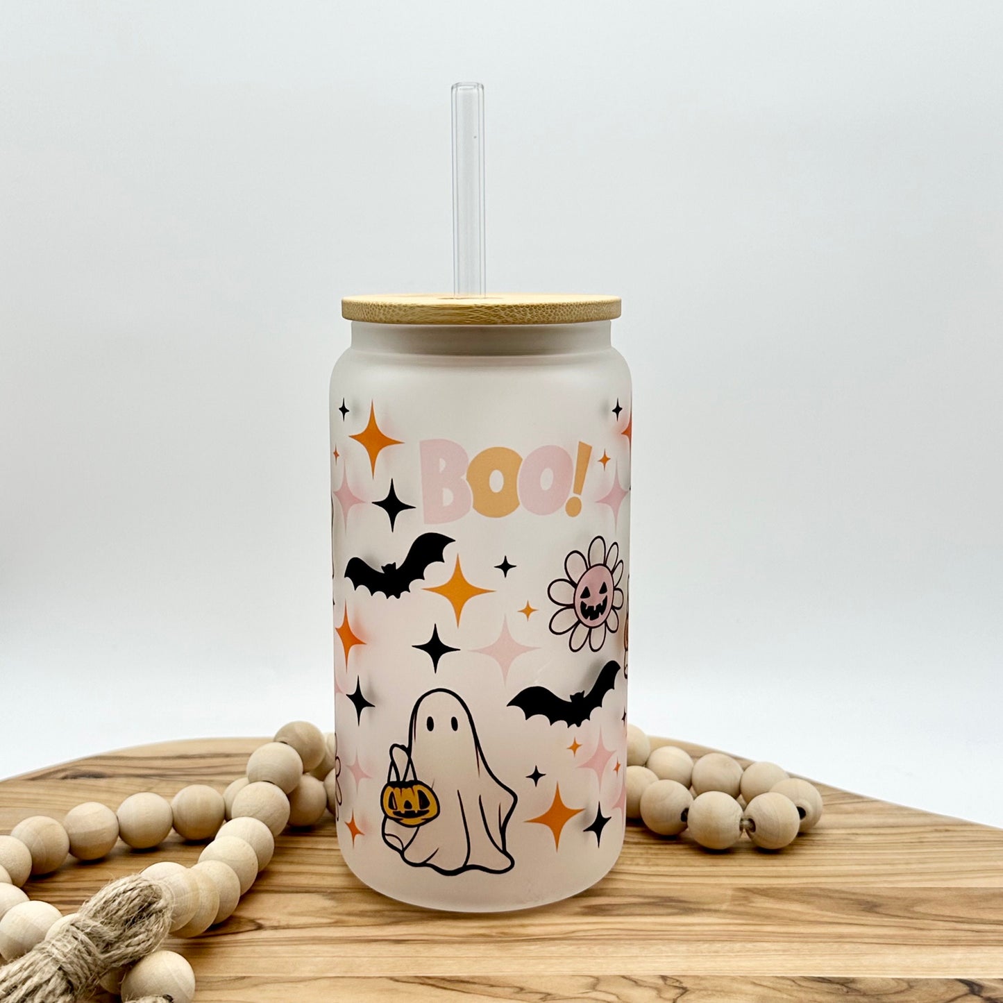 Halloween Iced Coffe Cup - 16oz Frosted Glass Tumbler with Lid and Straw