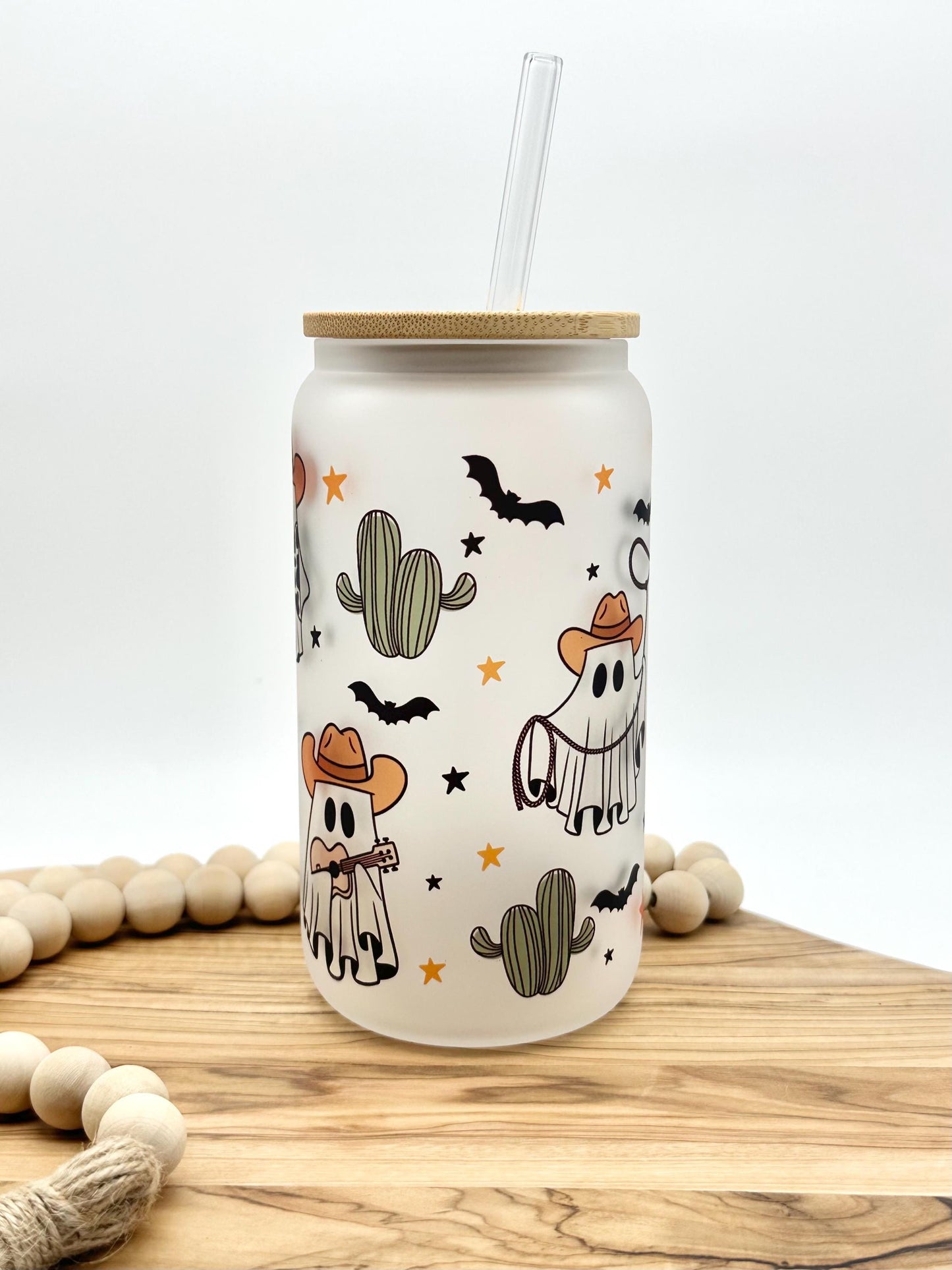 Discounted Cowboy Ghost Iced Coffee Cup - 16oz Glass Tumbler with Lid and Straw