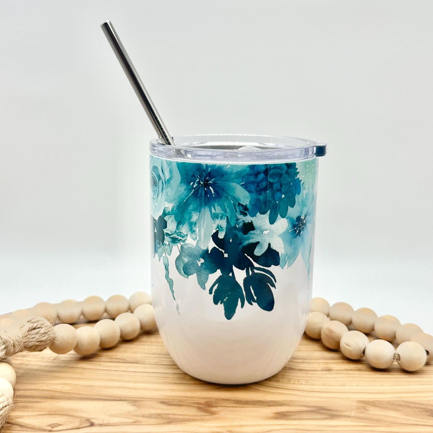 Personalized Insulated  Wine Glass - 15oz Insulated Stainless Steel Teal Floral Tumbler