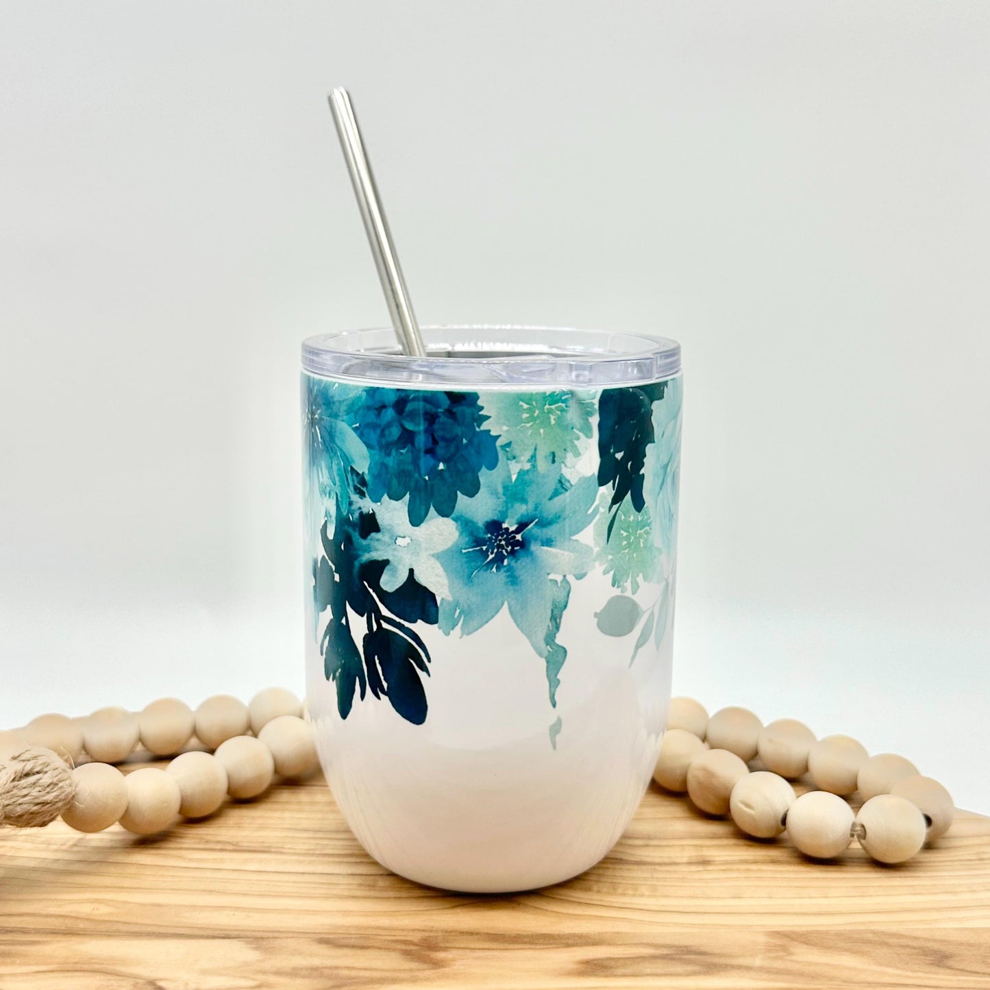 Personalized Insulated  Wine Glass - 15oz Insulated Stainless Steel Teal Floral Tumbler