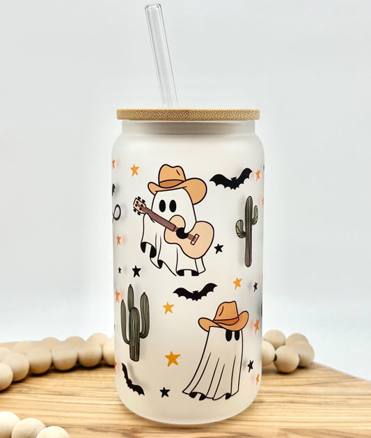 Discounted Cowboy Ghost Iced Coffee Cup - 16oz Glass Tumbler with Lid and Straw