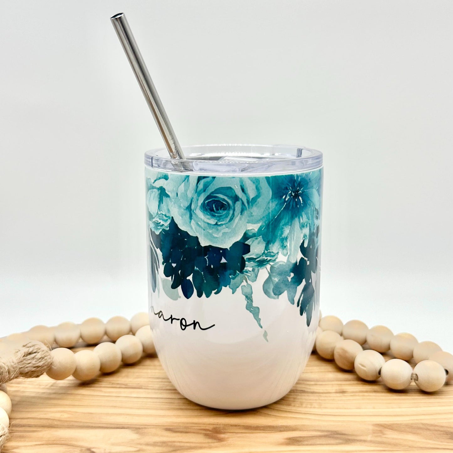 Personalized Insulated  Wine Glass - 15oz Insulated Stainless Steel Teal Floral Tumbler