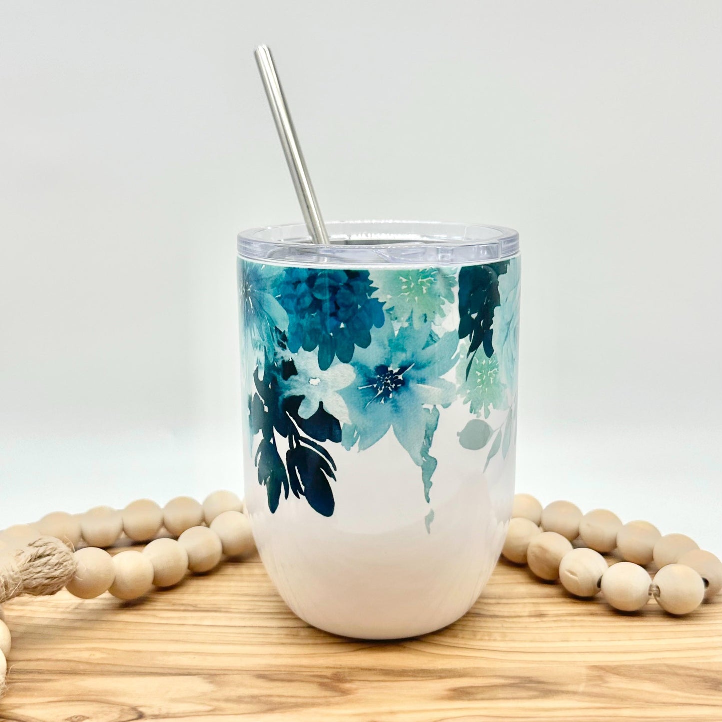 Personalized Insulated  Wine Glass - 15oz Insulated Stainless Steel Teal Floral Tumbler