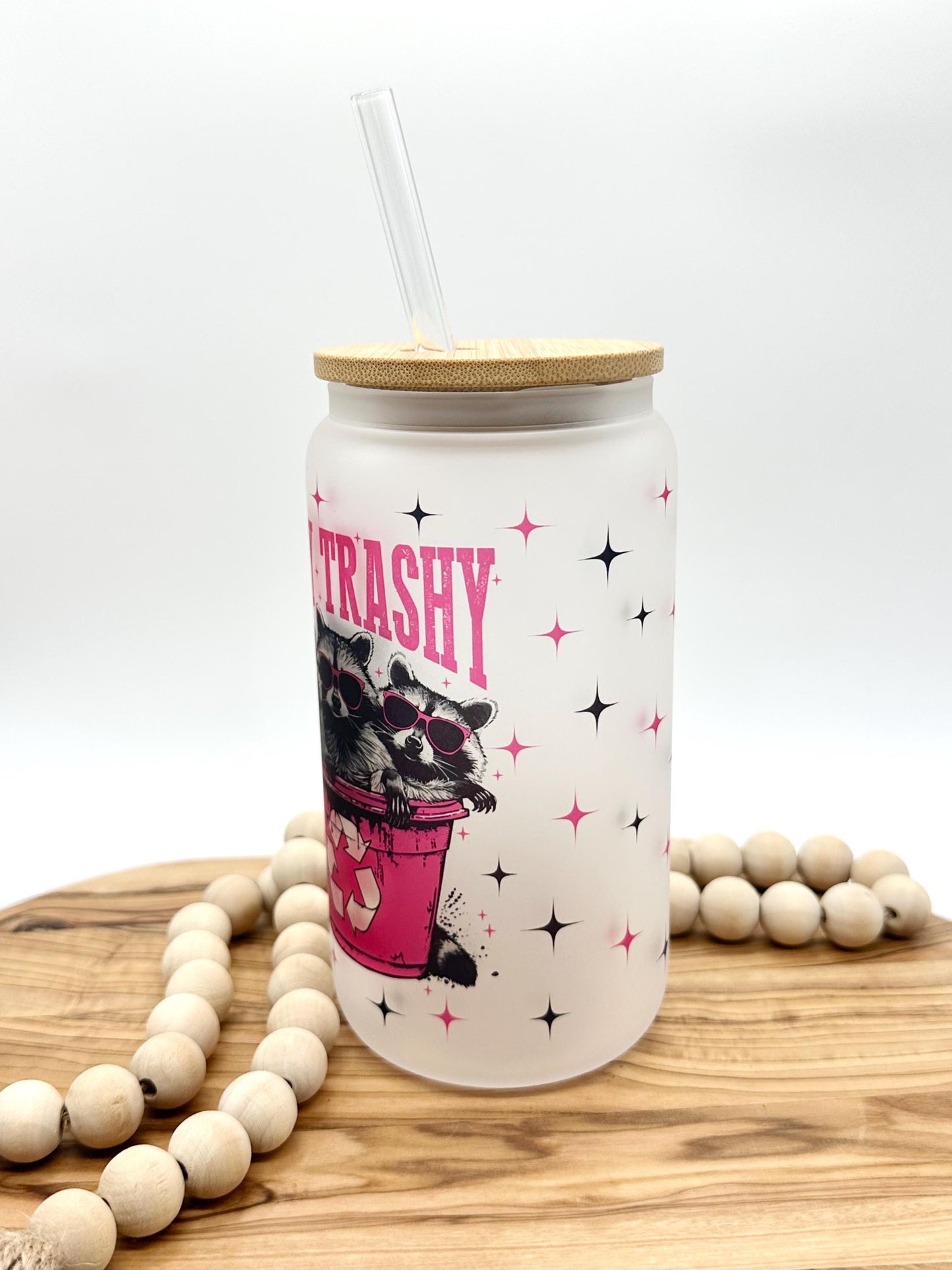 Funny Raccoon Cup, Cute Iced Coffee Cup, 16oz Frosted Glass with Lid and Straw, Pink Ombré Tumbler, Gift for Friend, Eco Friendly Drinkware