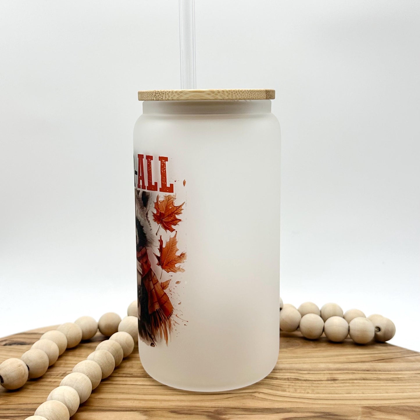 16oz Funny Raccoon Iced Coffee Cup with Lid and Straw - Frosted Glass Tumbler