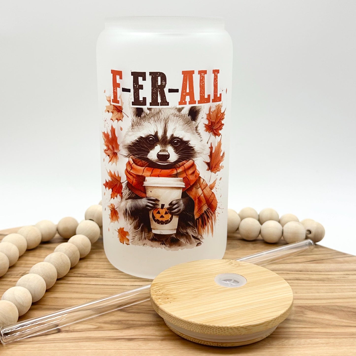 16oz Funny Raccoon Iced Coffee Cup with Lid and Straw - Frosted Glass Tumbler
