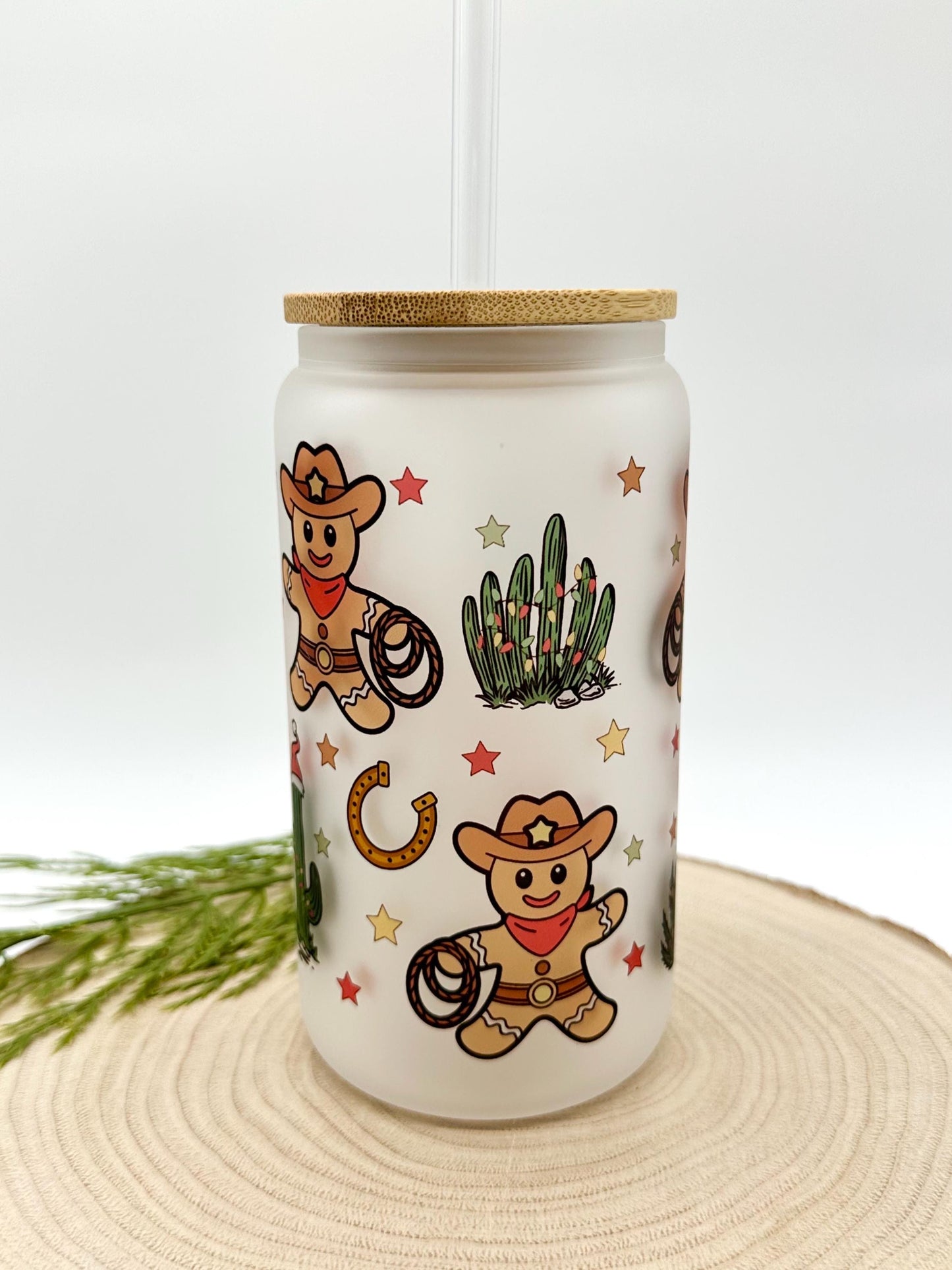 Gingerbread Man Iced Coffee Cup - 16oz Christmas Frosted Glass Tumbler with Lid and Straw