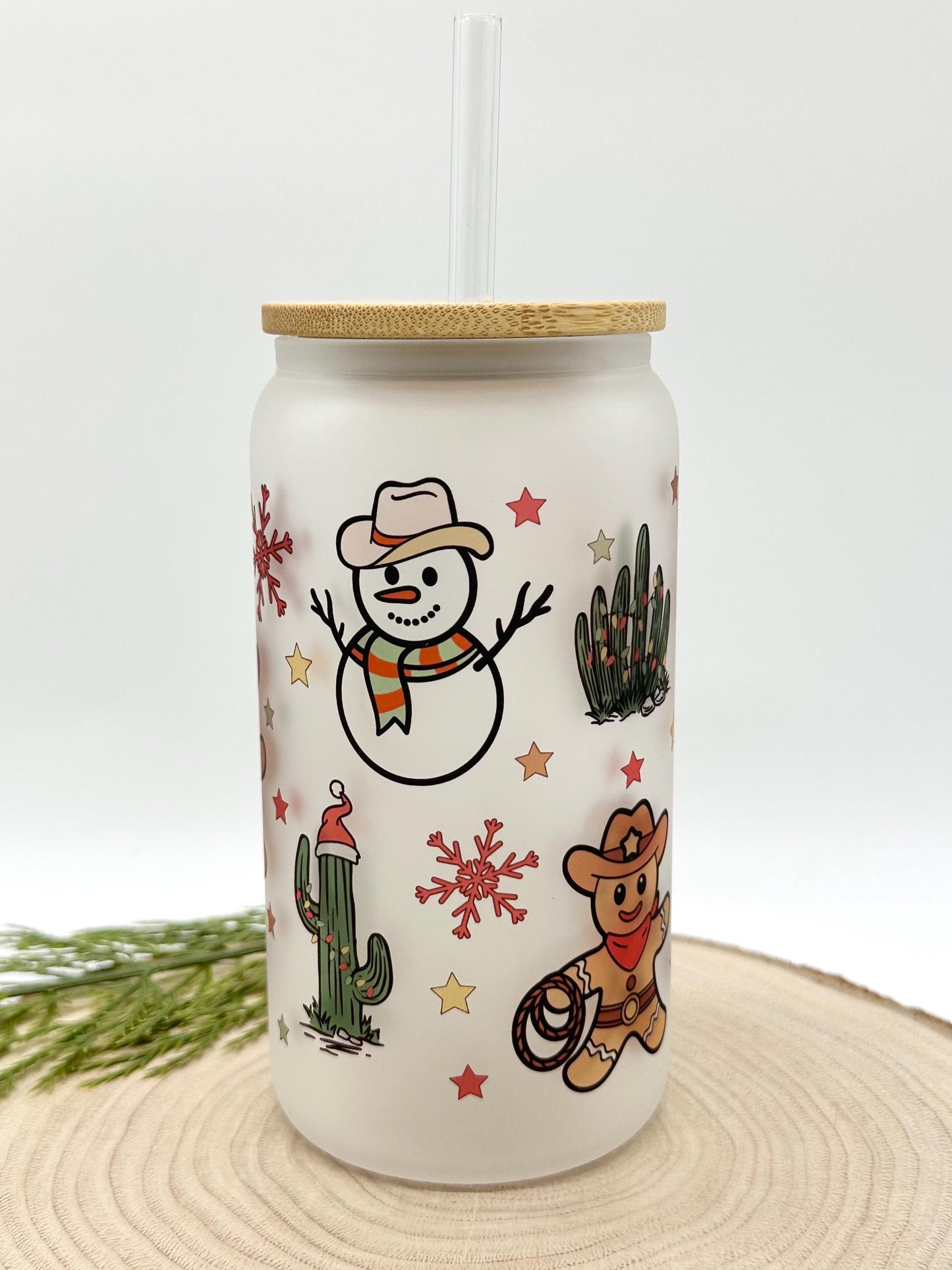 Christmas Iced Coffee Cup with Lid and Straw - 16oz Gingerbread and Snowman Tumbler