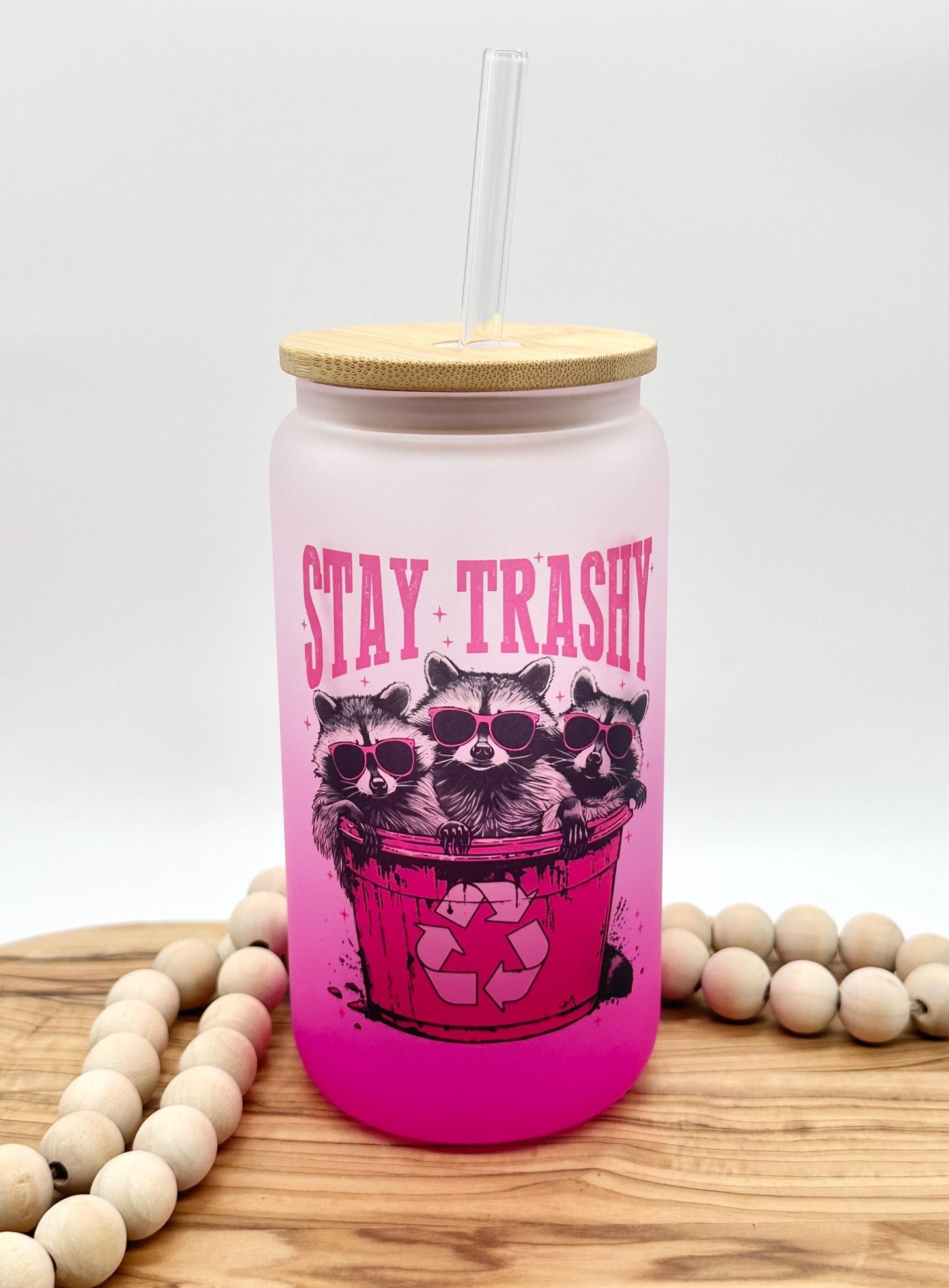 Funny Raccoon Cup, Cute Iced Coffee Cup, 16oz Frosted Glass with Lid and Straw, Pink Ombré Tumbler, Gift for Friend, Eco Friendly Drinkware