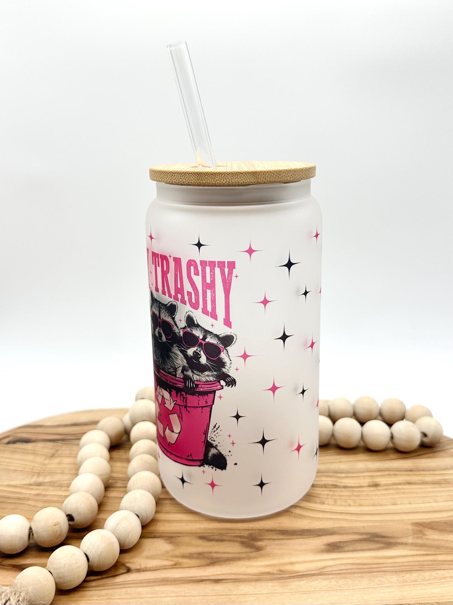 Funny Raccoon Cup, Cute Iced Coffee Cup, 16oz Frosted Glass with Lid and Straw, Pink Ombré Tumbler, Gift for Friend, Eco Friendly Drinkware