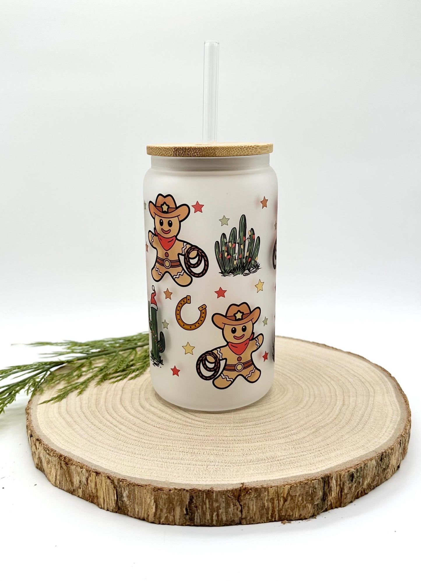 Gingerbread Man Iced Coffee Cup - 16oz Christmas Frosted Glass Tumbler with Lid and Straw