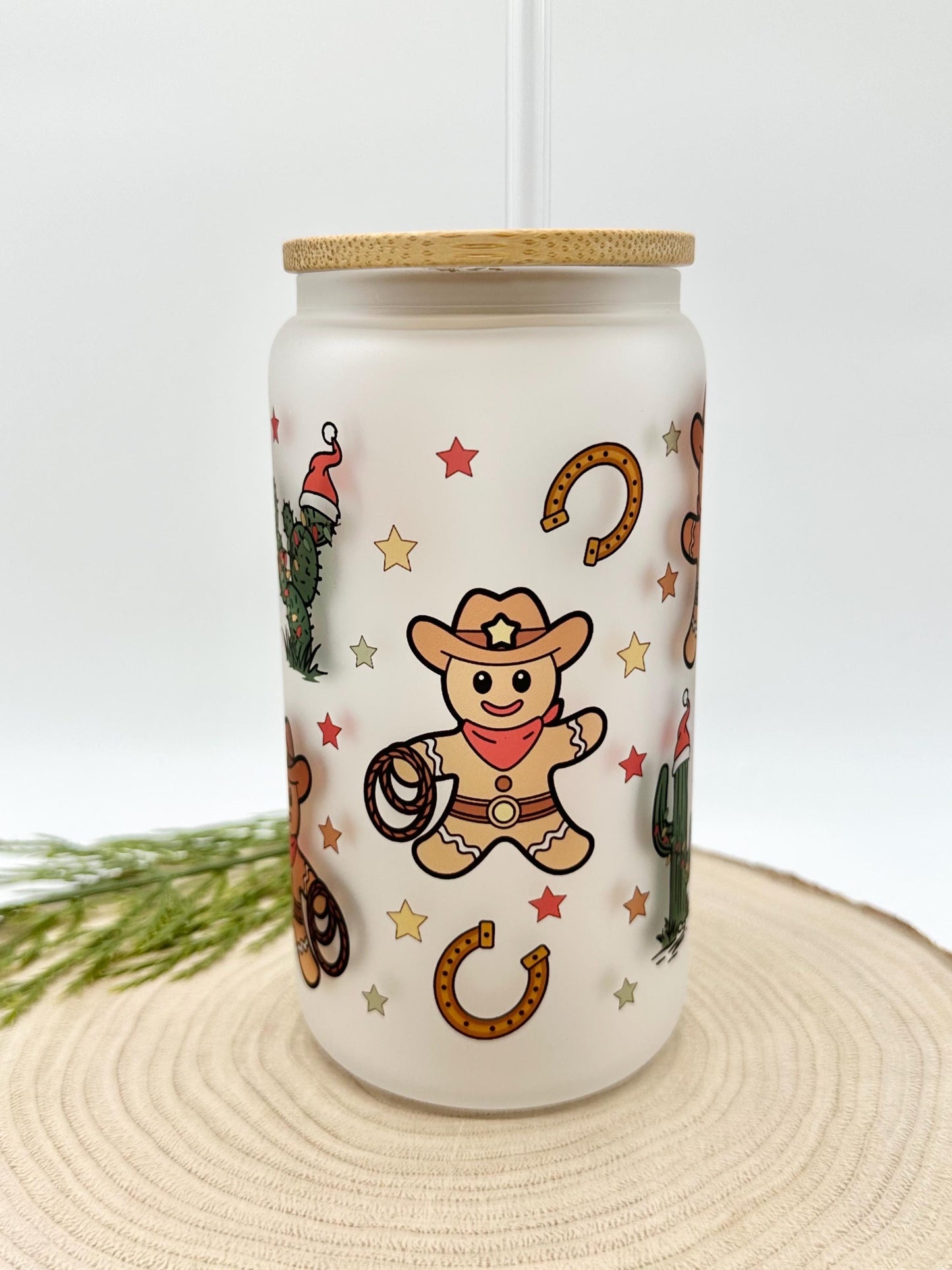 Gingerbread Man Iced Coffee Cup - 16oz Christmas Frosted Glass Tumbler with Lid and Straw