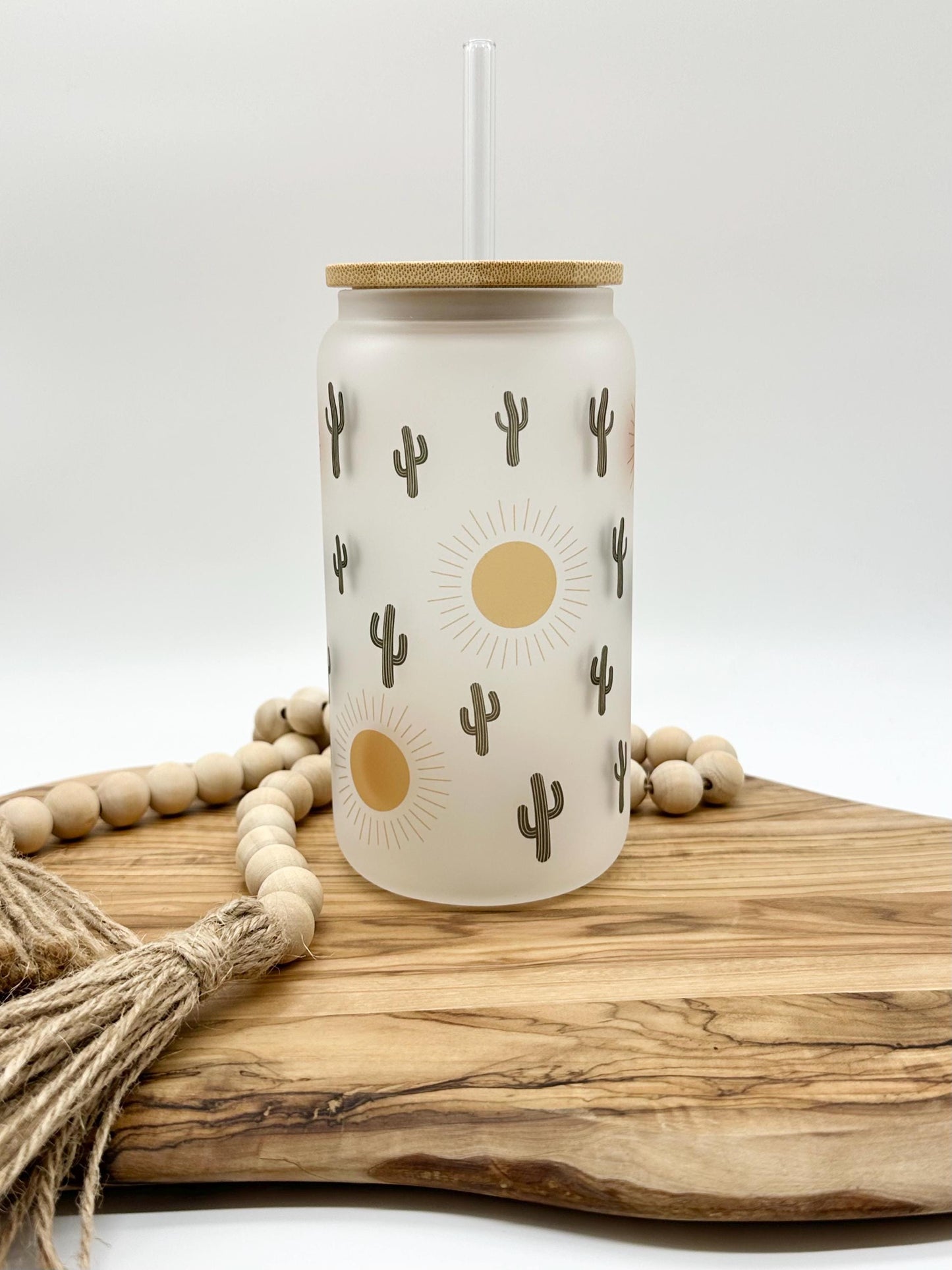 Cactus Iced Coffee Cup with Lid and Straw, 16oz Frosted Glass Tumbler