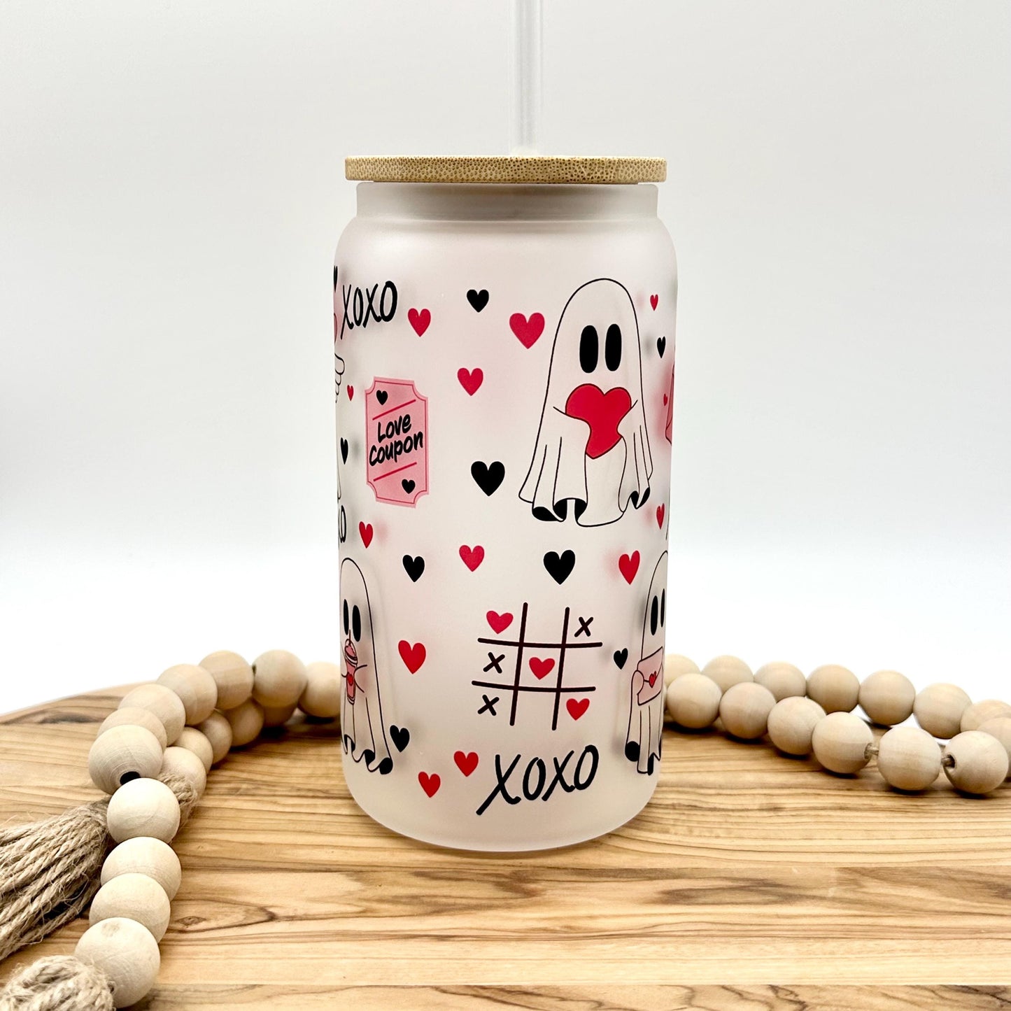 Valentine’s Iced Coffee Cup - 16oz Glass Tumbler with Lid and Straw