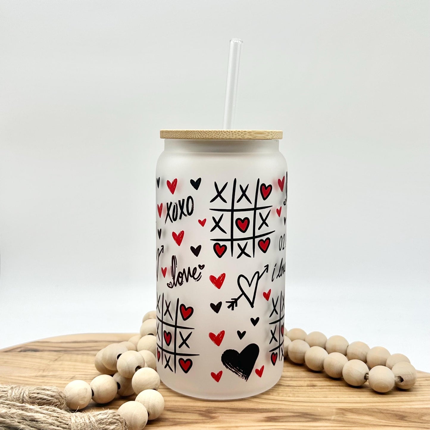 Valentine’s Day Iced Coffee Cup - 16oz Frosted Glass Tumbler with Lid and Straw