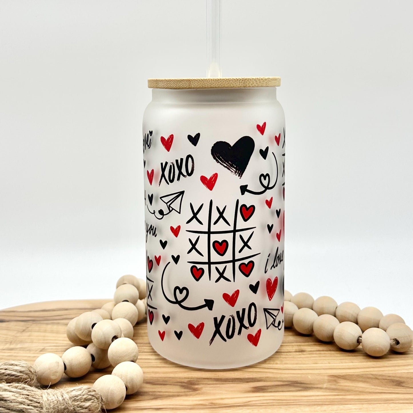 Valentine’s Day Iced Coffee Cup - 16oz Frosted Glass Tumbler with Lid and Straw