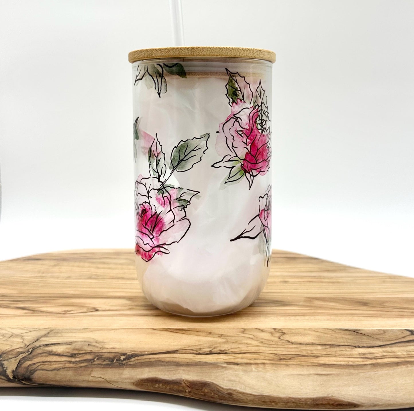 Pink Floral Shimmer Glass Wine Tumbler