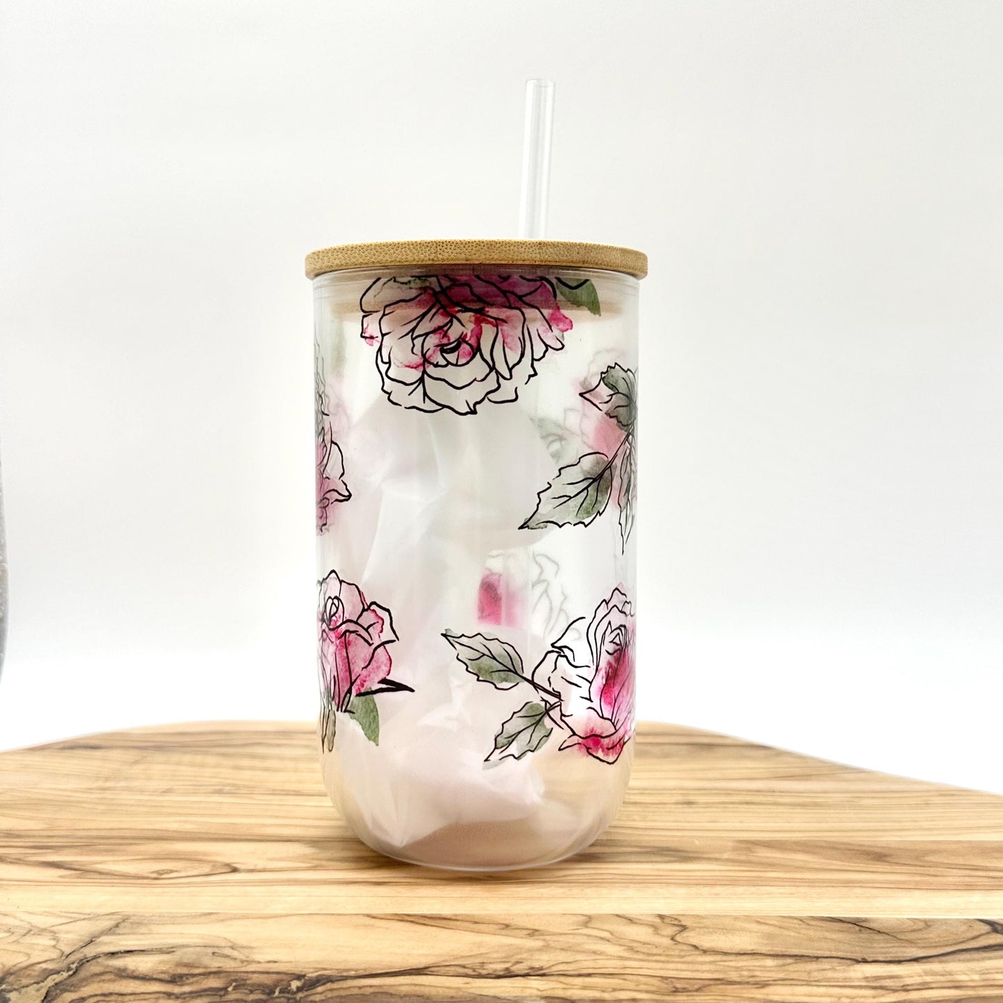 Pink Floral Shimmer Glass Wine Tumbler