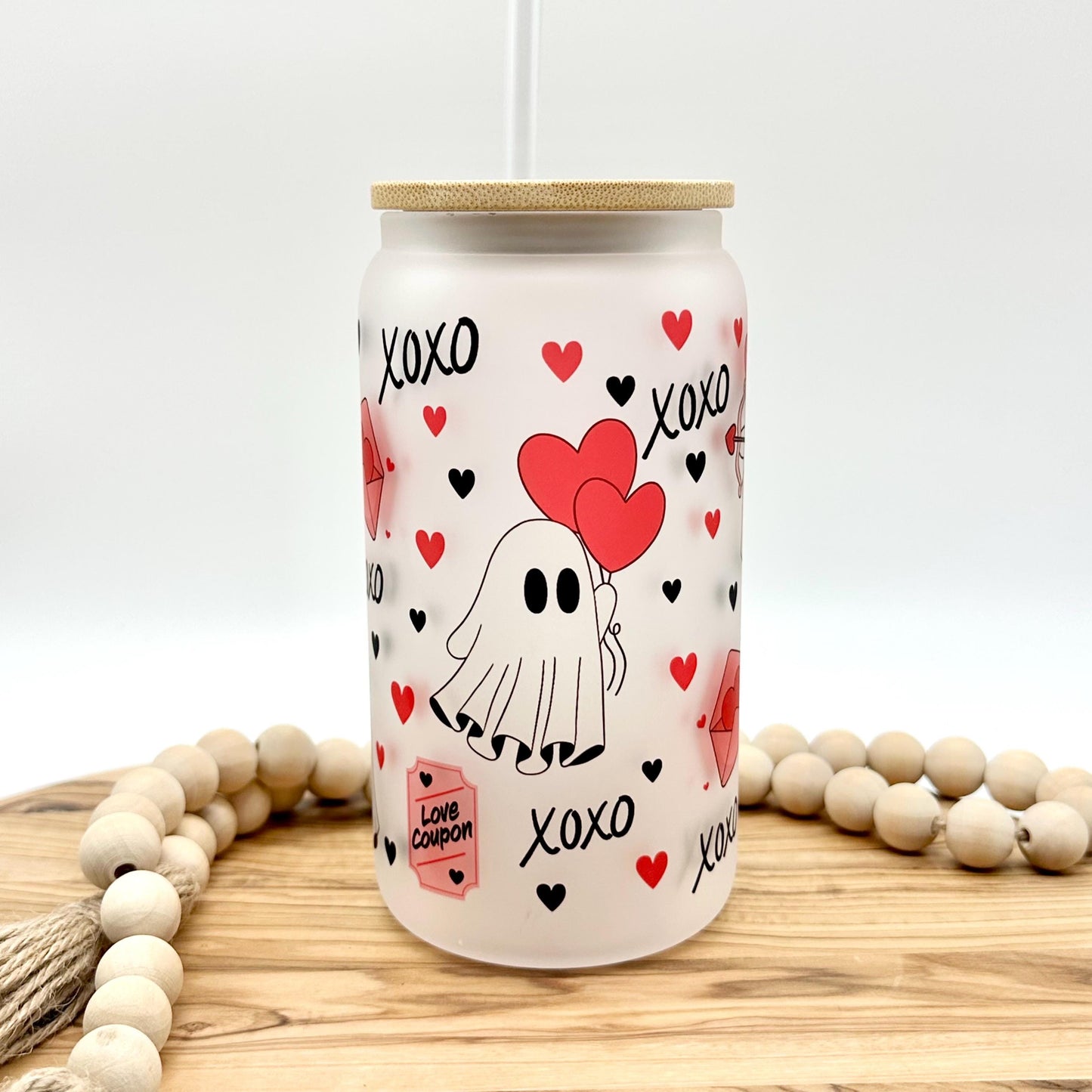 Valentine’s Iced Coffee Cup - 16oz Glass Tumbler with Lid and Straw