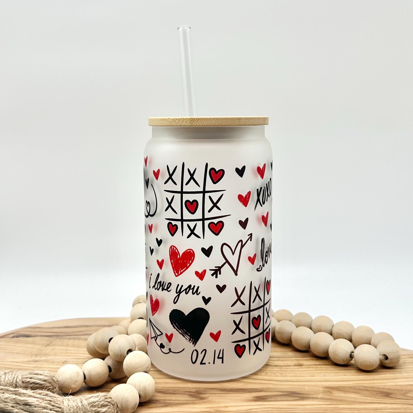 Valentine’s Day Iced Coffee Cup - 16oz Frosted Glass Tumbler with Lid and Straw