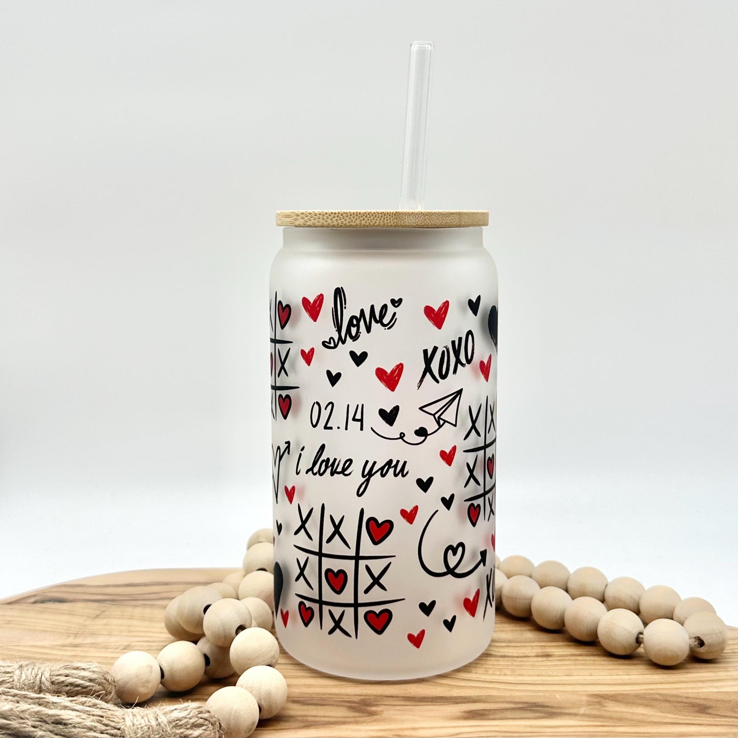 Valentine’s Day Iced Coffee Cup - 16oz Frosted Glass Tumbler with Lid and Straw