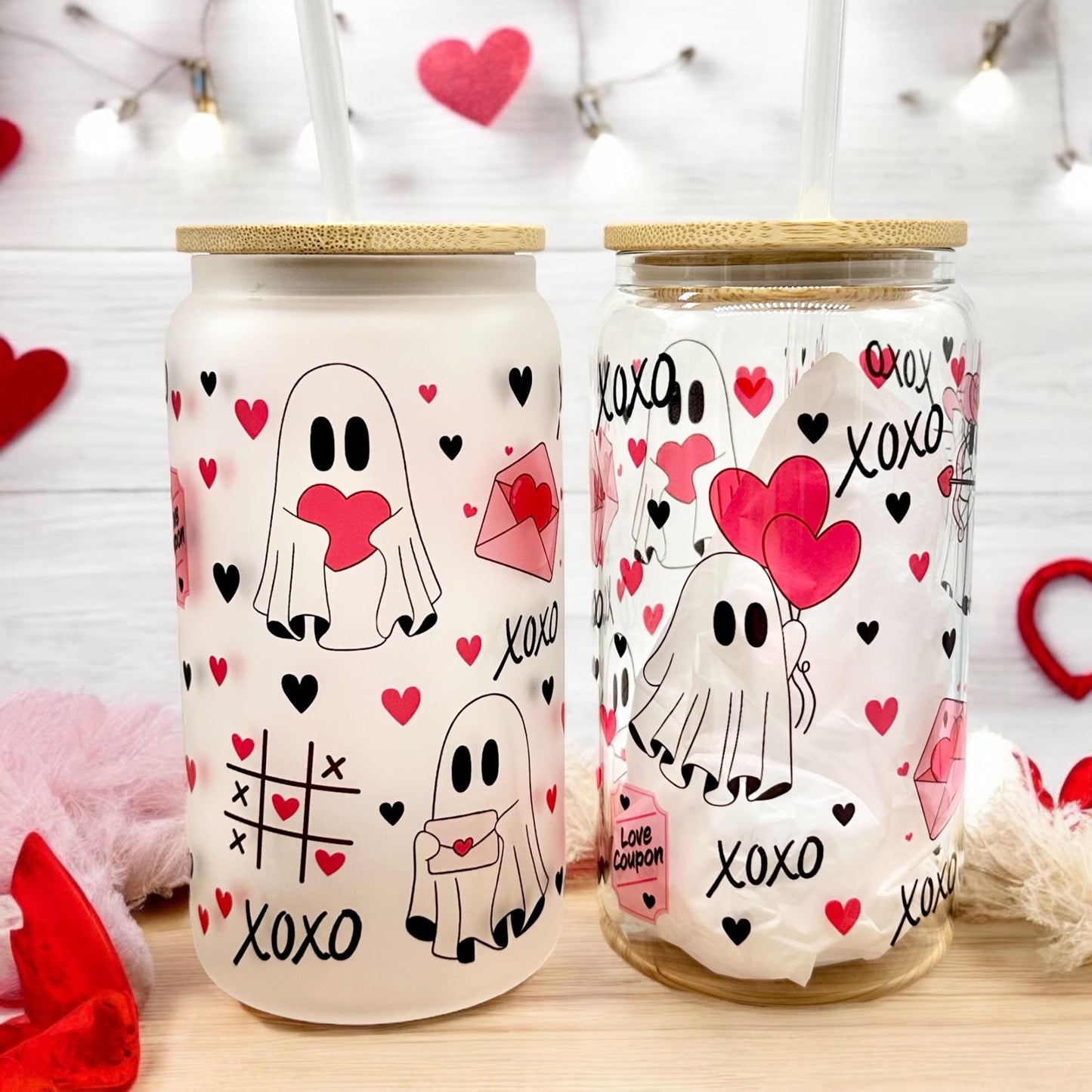 Valentine’s Iced Coffee Cup - 16oz Glass Tumbler with Lid and Straw