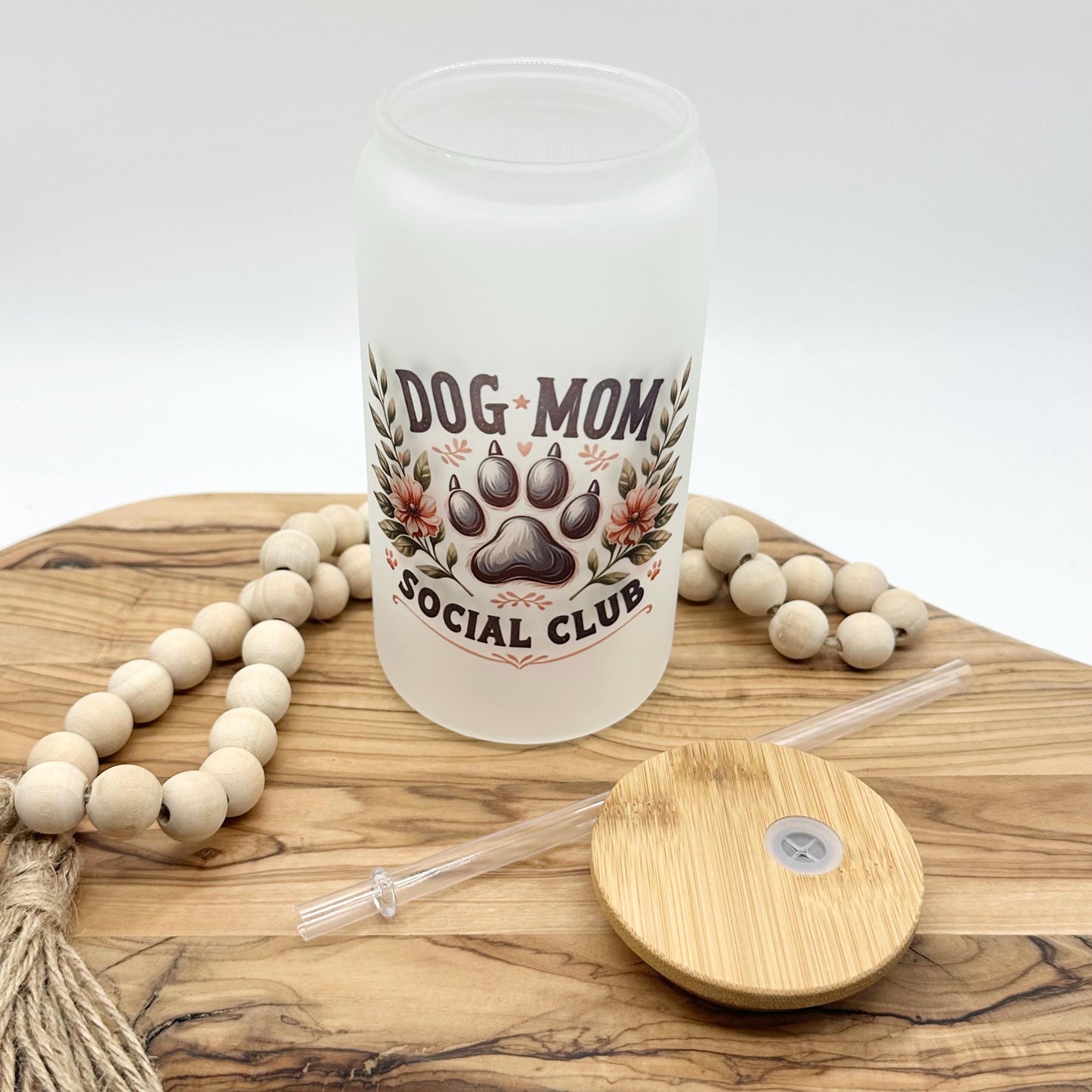 16oz Dog Mom Frosted Glass Tumbler - Iced Coffee Cup with Lid and Straw