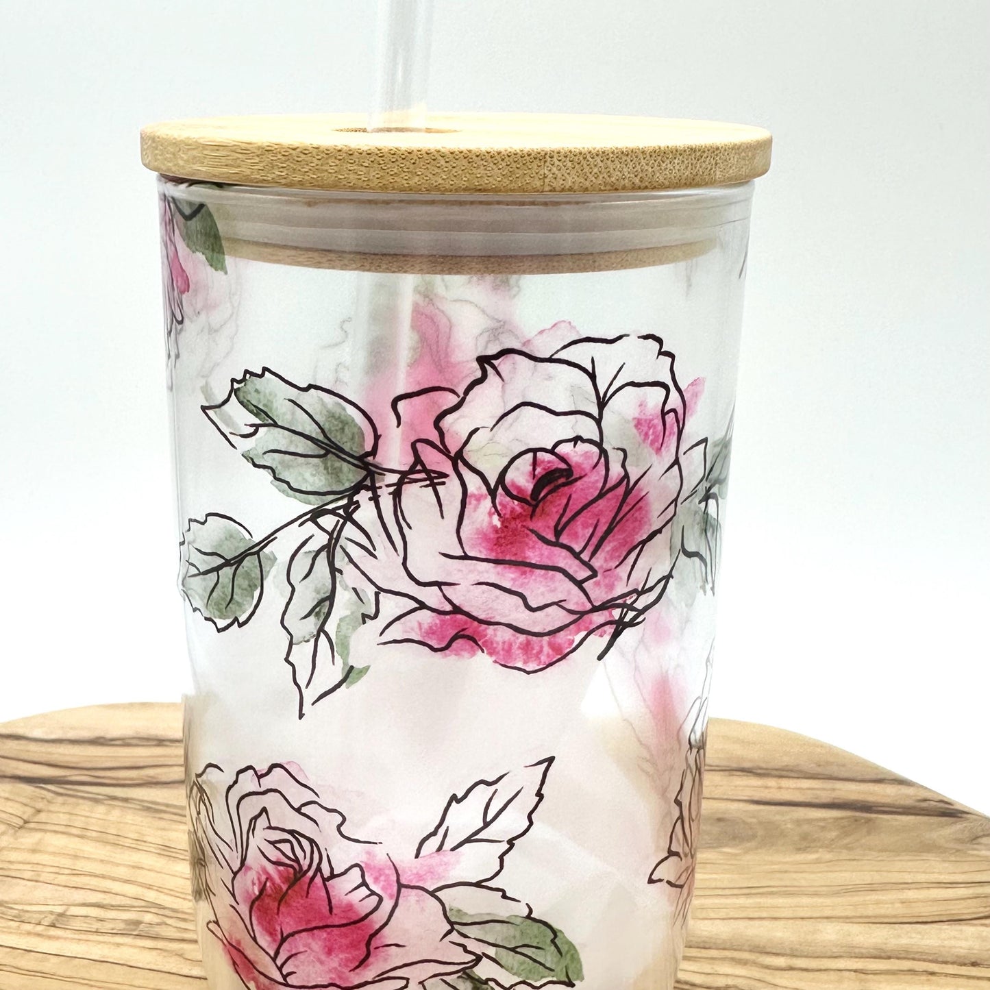 Pink Floral Shimmer Glass Wine Tumbler