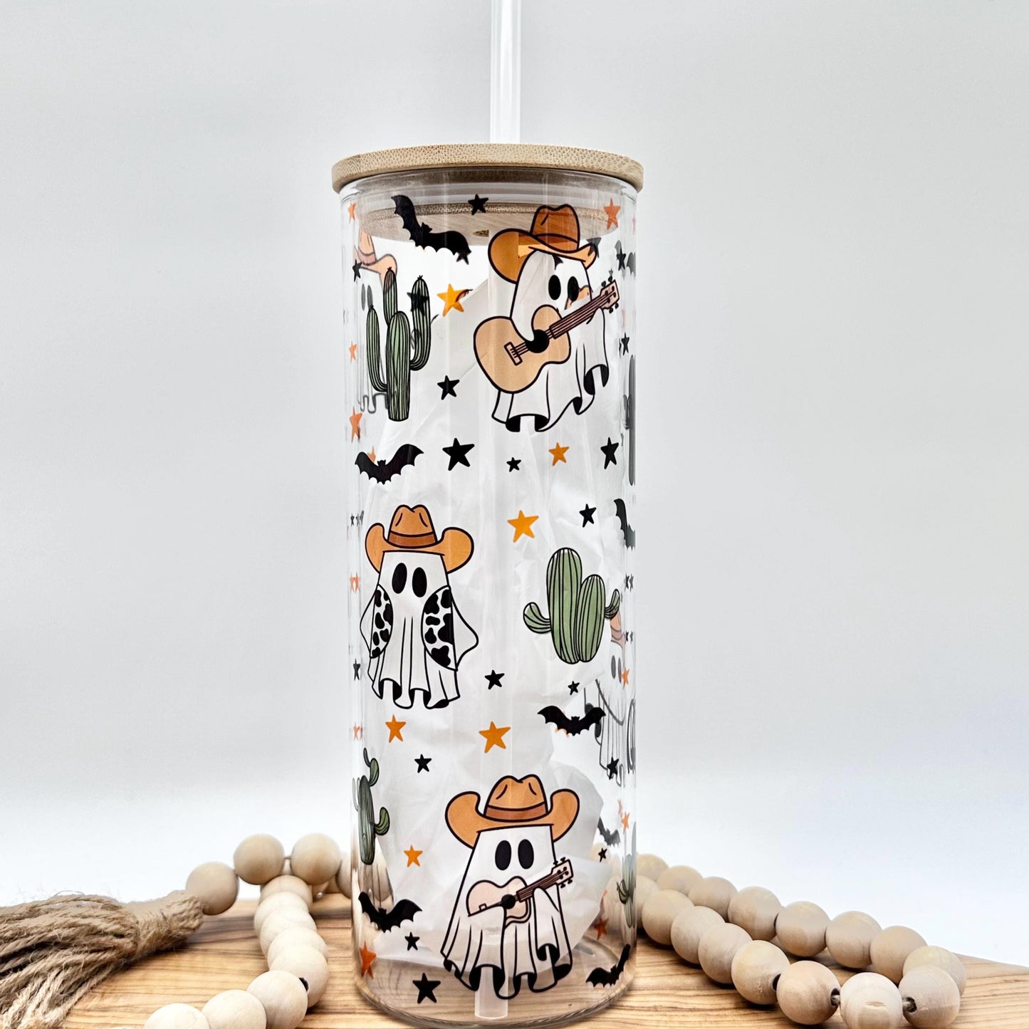 20oz Cowboy Ghost Clear Glass Tumbler, Skinny Glass Tumbler with Bamboo and Plastic Lid, Halloween Ghosts and Bats, Eco Friendly Drinkware