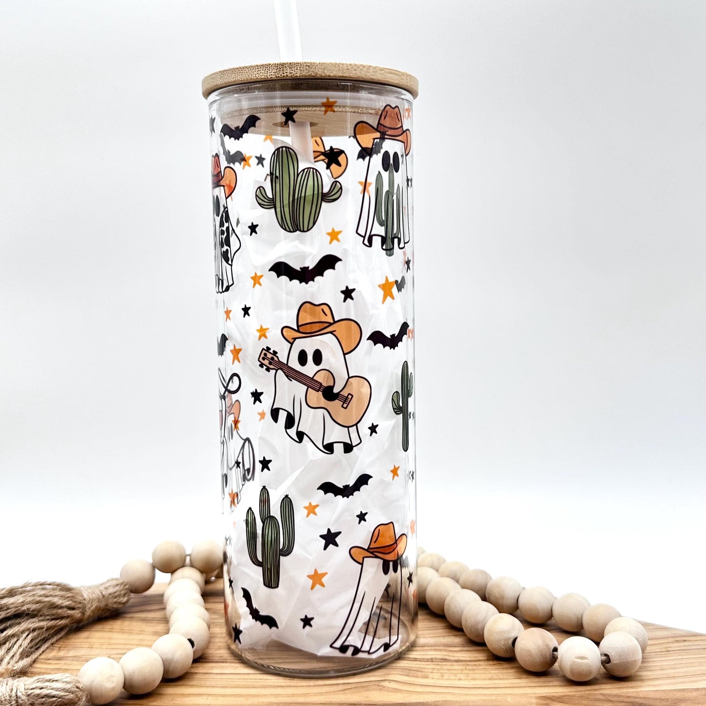 20oz Cowboy Ghost Clear Glass Tumbler, Skinny Glass Tumbler with Bamboo and Plastic Lid, Halloween Ghosts and Bats, Eco Friendly Drinkware