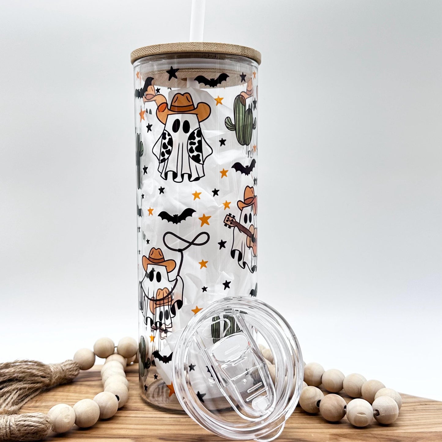 20oz Cowboy Ghost Clear Glass Tumbler, Skinny Glass Tumbler with Bamboo and Plastic Lid, Halloween Ghosts and Bats, Eco Friendly Drinkware