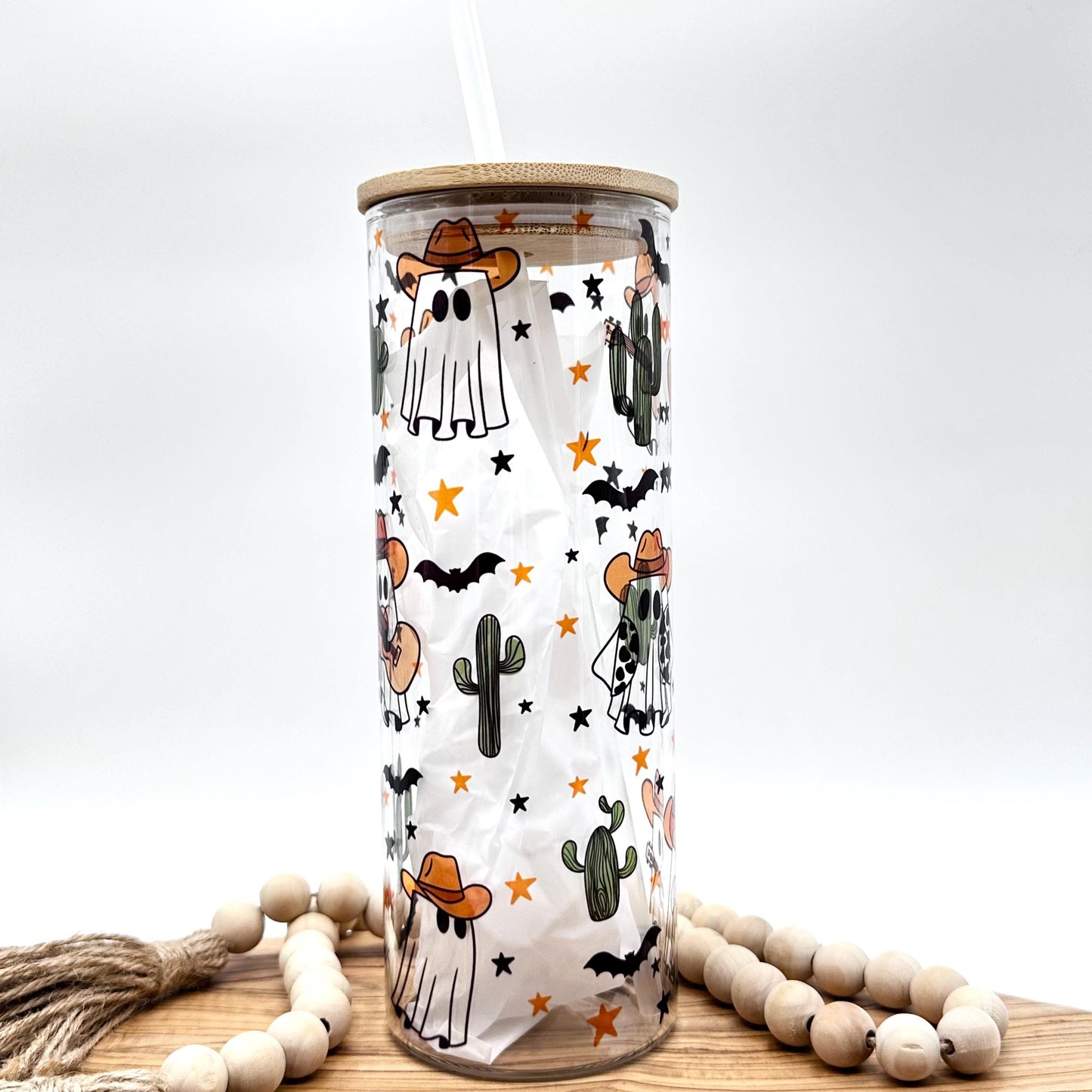 20oz Cowboy Ghost Clear Glass Tumbler, Skinny Glass Tumbler with Bamboo and Plastic Lid, Halloween Ghosts and Bats, Eco Friendly Drinkware