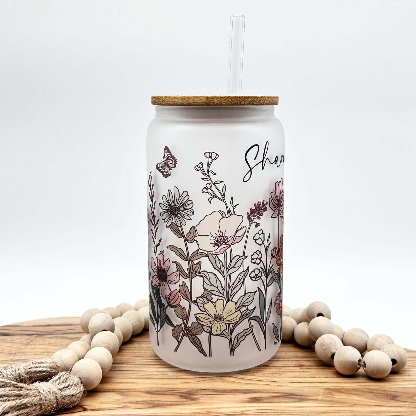 Personalized Vintage Wildflower Frosted Glass Tumbler - 16oz Iced Coffee Cup