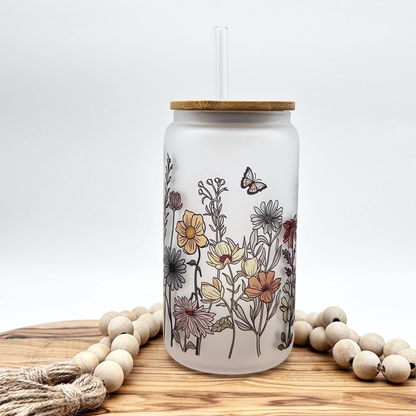 Personalized Vintage Wildflower Frosted Glass Tumbler - 16oz Iced Coffee Cup