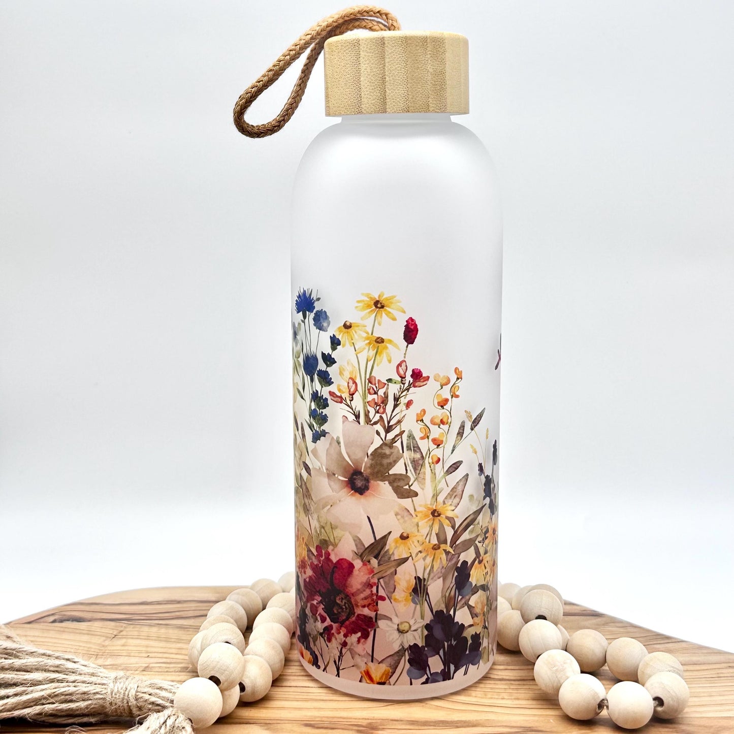 Slightly Imperfect Wildflower Glass Water Bottle, 25oz Frosted Glass Tumbler