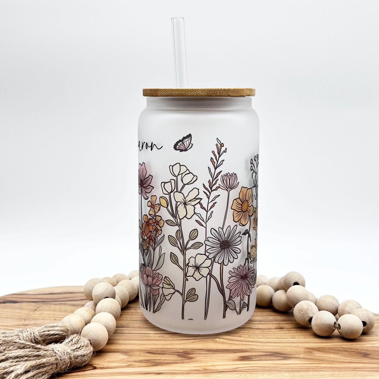 Personalized Vintage Wildflower Frosted Glass Tumbler - 16oz Iced Coffee Cup