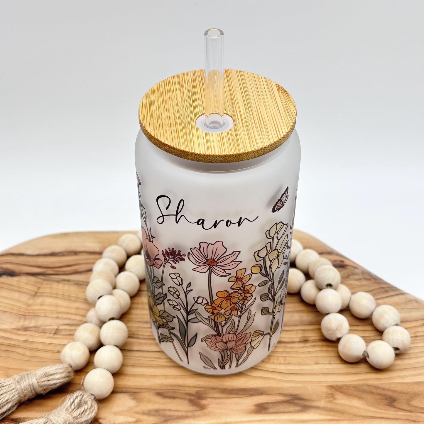 Personalized Vintage Wildflower Frosted Glass Tumbler - 16oz Iced Coffee Cup