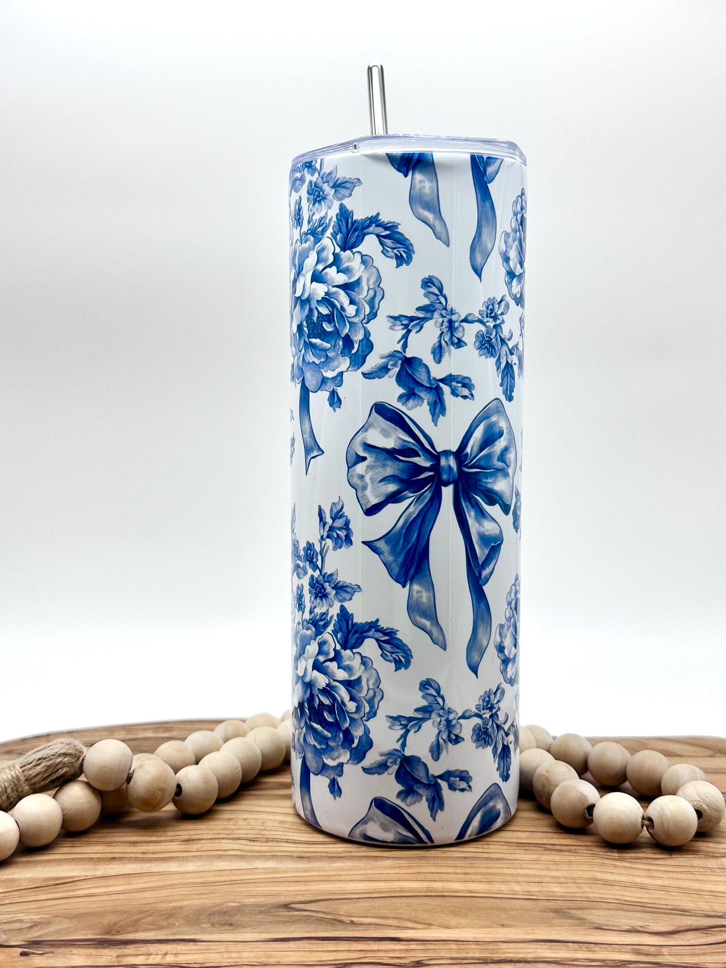 Blue Floral Toile Tumbler - 20oz Insulated Stainless Steel Cup with Lid and Straw