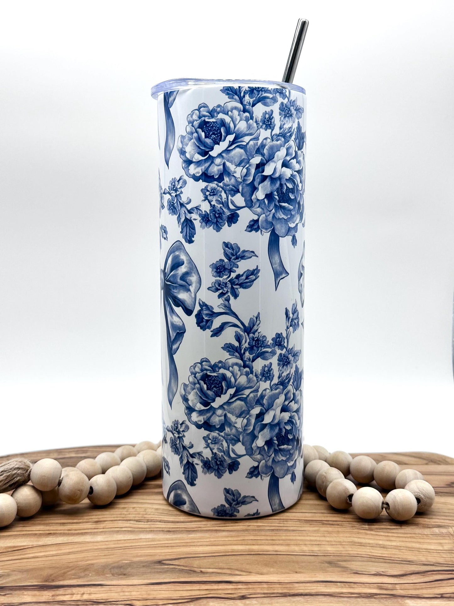 Blue Floral Toile Tumbler - 20oz Insulated Stainless Steel Cup with Lid and Straw