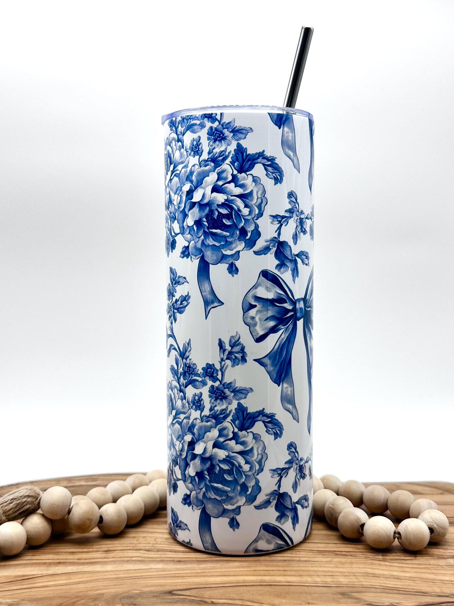 Blue Floral Toile Tumbler - 20oz Insulated Stainless Steel Cup with Lid and Straw